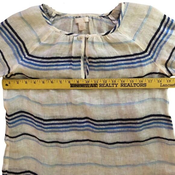 J.Crew 100% Linen Peasant Blouse Womens Sz 2 Sheer Indigo Striped Coastal Beachy - Picture 10 of 13